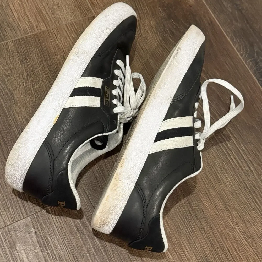 Polo Ralph Lauren Mens Court VLC Sneakers Size 10 Black Leather Low Top